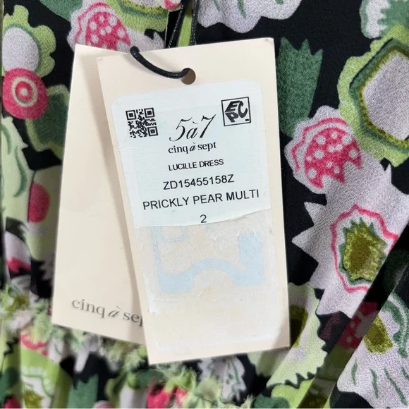 Cinq a Sept Womens Lucille Green Puff Sleeve Floral Below Knee Midi Dress NWT 2 - Picture 4 of 6